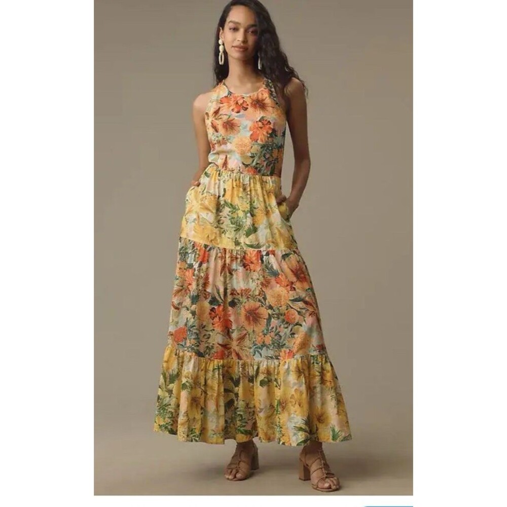 Pilcro Halter Tiered Maxi Dress Medium Floral Boho Anthropologie Summer Braided